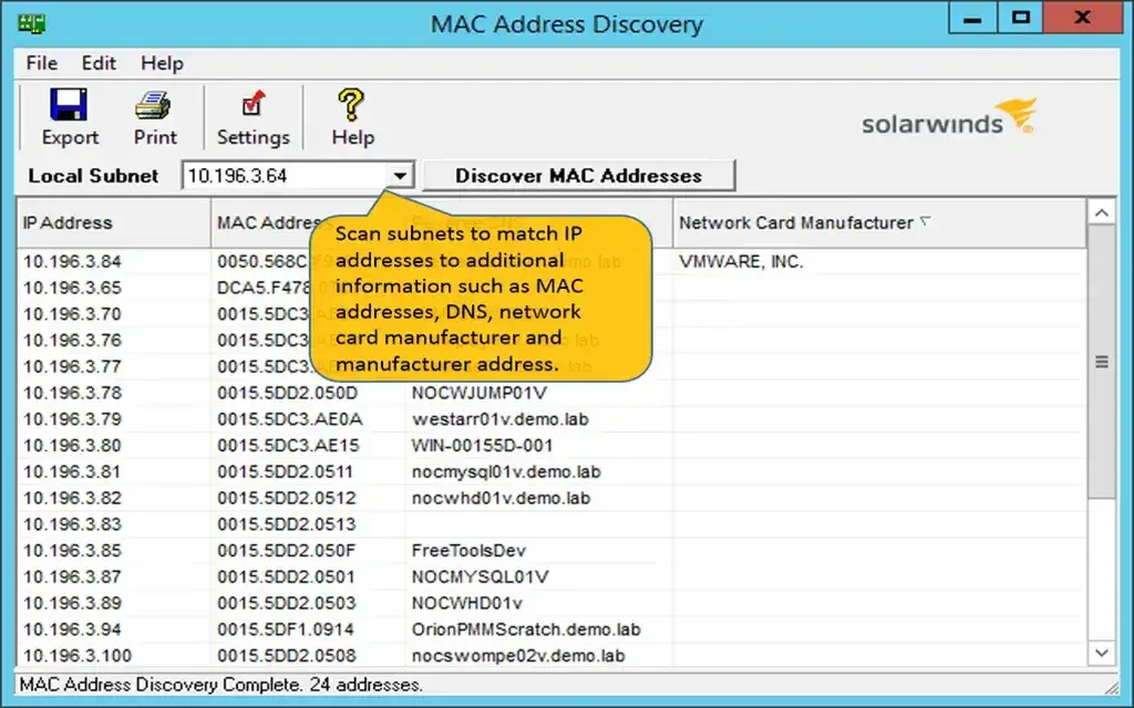 Engineer's Toolset discovering devices on a network map