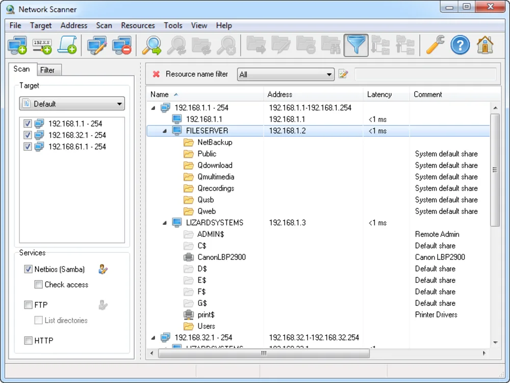 Network Scanner main window with computers and shares listed