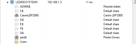 LIZARDSYSTEMS at 192.168.1.3 with ADMIN$ commented Remote Admin, C$ Default share, a CanonLBP2900 printer share, D$, E$, F$ and G$ Default share, print$ Printer Drivers, and Users