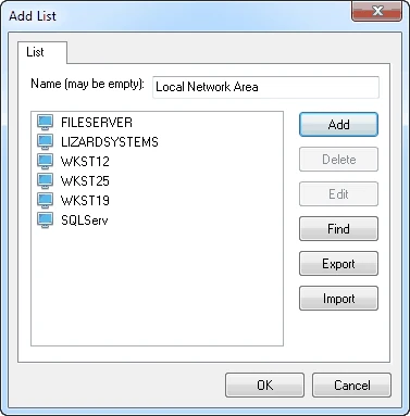 Add List dialog with a Name field, a list of computer names and buttons Add, Delete, Edit, Find, Export and Import