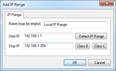 Add IP Range dialog with Name, Start IP and Stop IP fields and Detect IP Range, Class B and Class C buttons