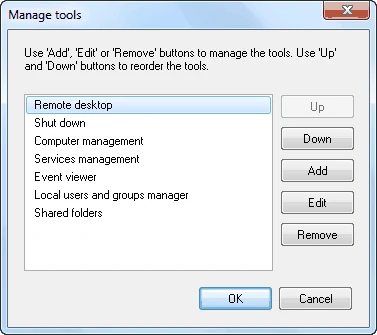 Manage tools dialog listing Remote desktop, Shut down, Computer management, Services management, Event viewer, Local users and groups manager and Shared folders, with Up, Down, Add, Edit and Remove buttons