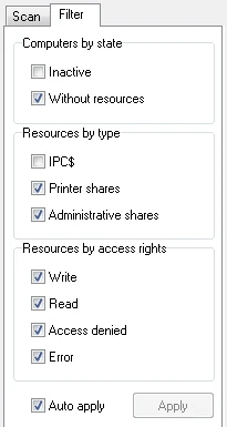 Filter tab with Computers by state, Resources by type and Resources by access rights options