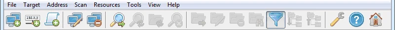 Network Scanner menu bar with File, Target, Address, Scan, Resources, Tools, View and Help, and the toolbar