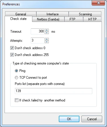 Preferences, Check state tab: Timeout 300 ms, Attempts 3, Don't check address 0 and Don't check address 255 ticked, check type Ping selected, TCP Connect to port with ports list 139, and If check failed try another method unticked