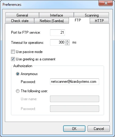 Preferences, FTP tab: port 21, timeout 300 ms, Use passive mode unticked, Use greeting as a comment ticked, Authorization Anonymous with a password field, or The following user