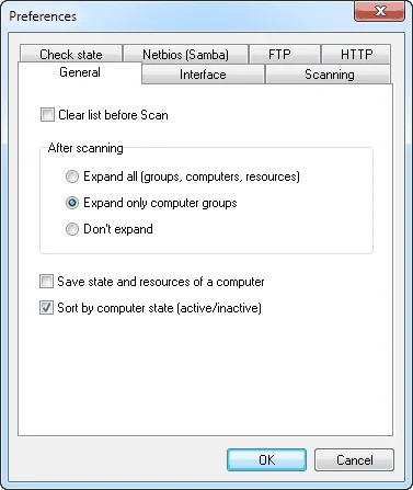 Preferences, General tab: Clear list before Scan unticked; After scanning Expand only computer groups selected; Save state and resources of a computer unticked; Sort by computer state ticked