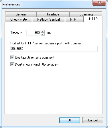 Preferences, HTTP tab: Timeout 300 ms, Port list for HTTP server 80, 8080, Use tag title as a comment ticked, Don't show invalid http services ticked