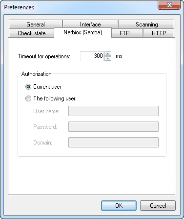 Preferences, Netbios (Samba) tab: Timeout for operations 300 ms; Authorization with Current user selected, or The following user with User name, Password and Domain fields