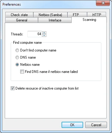 Preferences, Scanning tab: Threads 64; Find computer name set to Netbios name; Find DNS name if netbios name failed unticked; Delete resource of inactive computer from list ticked