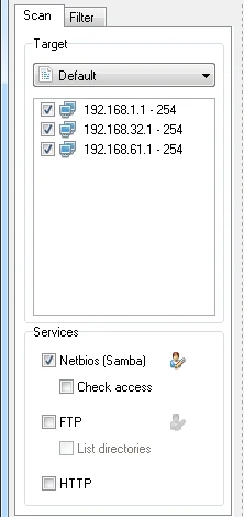 The Scan tab: Target set Default with three ticked IP ranges, and the Services box with Netbios (Samba) ticked, Check access, FTP, List directories and HTTP