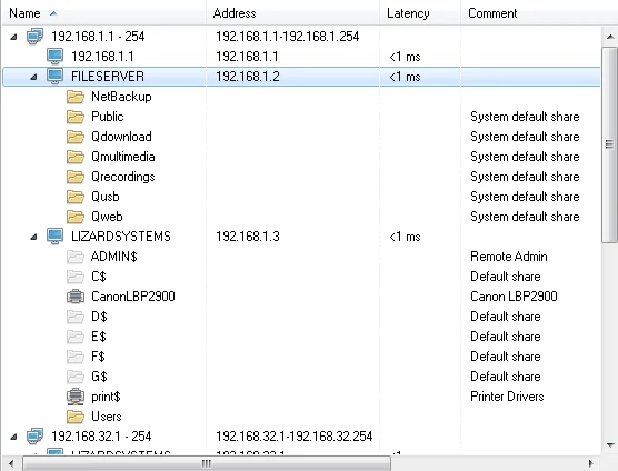 Results tree with columns Name, Address, Latency and Comment: a range 192.168.1.1-254, computers 192.168.1.1, FILESERVER and LIZARDSYSTEMS, and their shared folders and printers