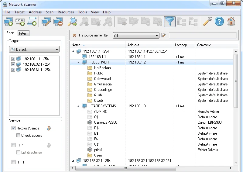 Network Scanner main window showing three IP ranges on the left and a tree of computers and shares on the right